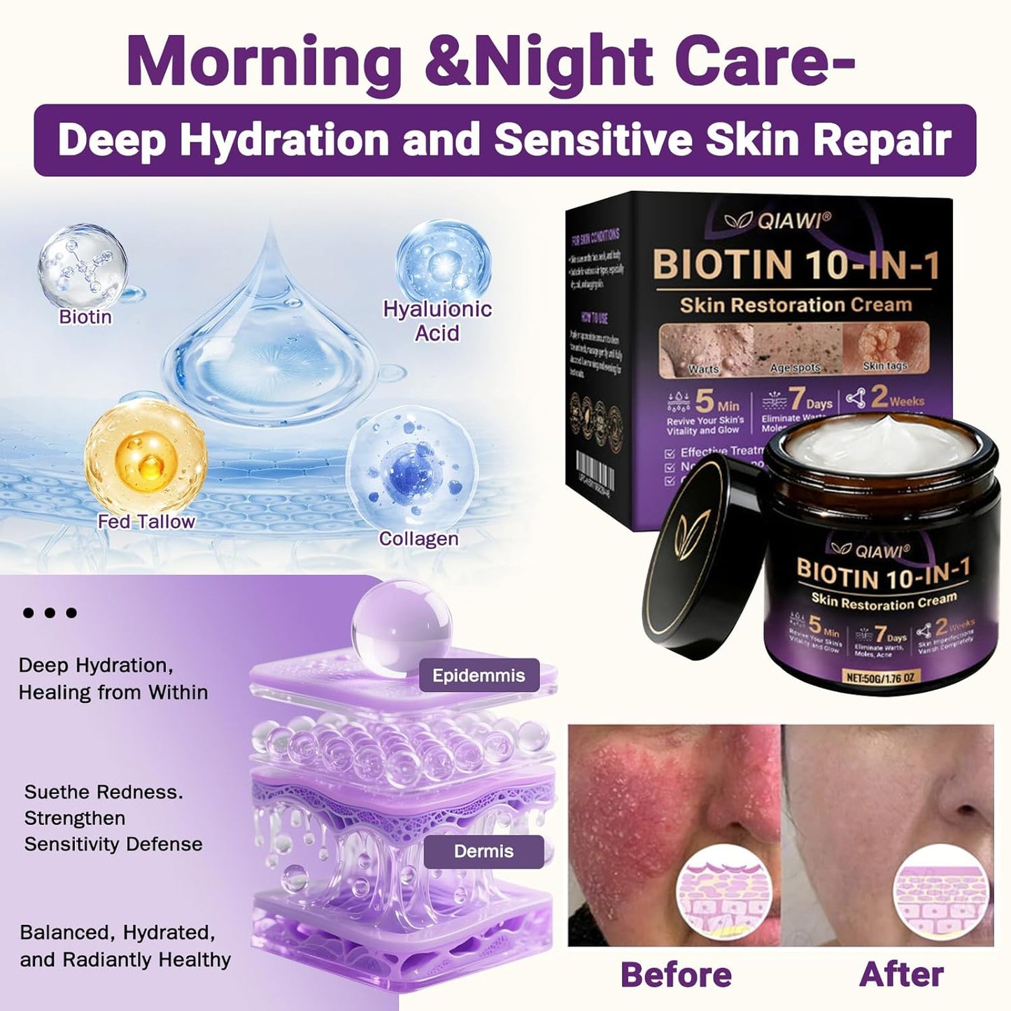 Made and Shipped from QIAWI® Biotin 10-USA in-1 Skin Restoration Cream